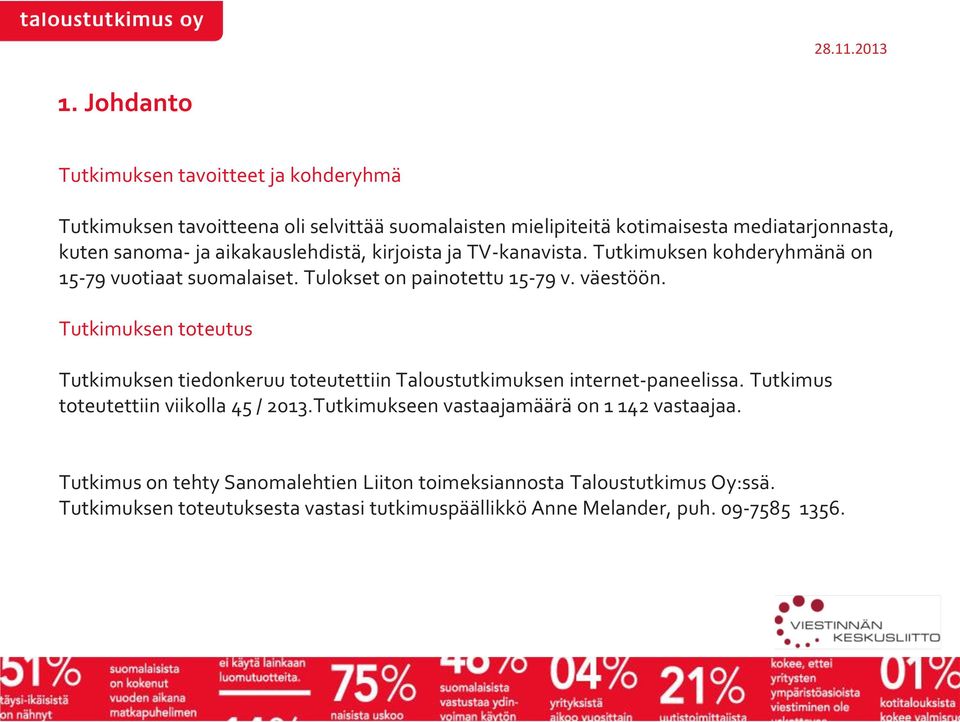 aikakauslehdistä, kirjoista ja TV-kanavista. Tutkimuksen kohderyhmänä on 1-79 vuotiaat suomalaiset. Tulokset on painotettu 1-79 v. väestöön.