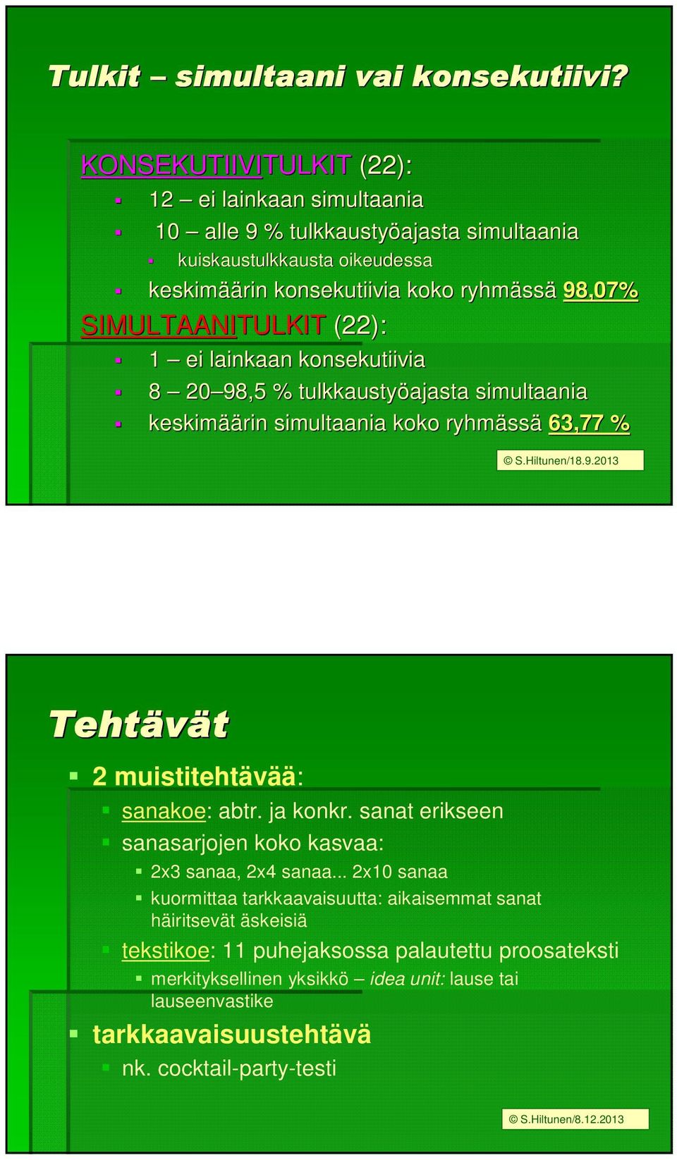 SIMULTAANITULKIT TULKIT (22): 1 ei lainkaan konsekutiivia 8 20 98,5 % tulkkaustyöajasta ajasta simultaania keskimää äärin simultaania koko ryhmäss ssä 63,77 % S.Hiltunen/18.9.2013 Tehtävät 2 muistitehtävää: sanakoe: abtr.