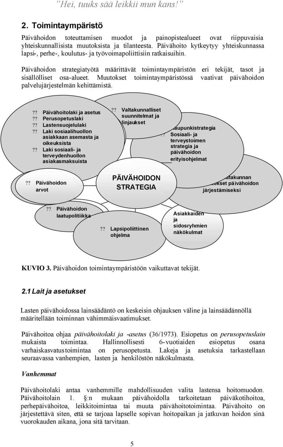 Päivähoidon strategiatyötä määrittävät toimintaympäristön eri tekijät, tasot ja sisällölliset osa-alueet. Muutokset toimintaympäristössä vaativat päivähoidon palvelujärjestelmän kehittämistä.