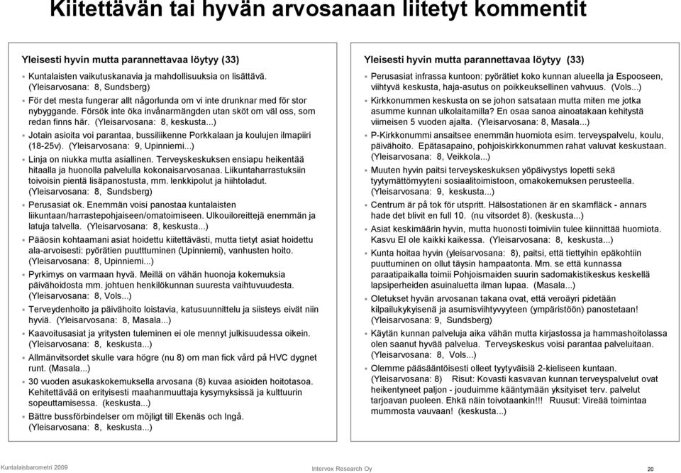 (Yleisarvosana: 8, keskusta...) Jotain asioita voi parantaa, bussiliikenne Porkkalaan ja koulujen ilmapiiri (18-25v). (Yleisarvosana: 9, Upinniemi...) Linja on niukka mutta asiallinen.