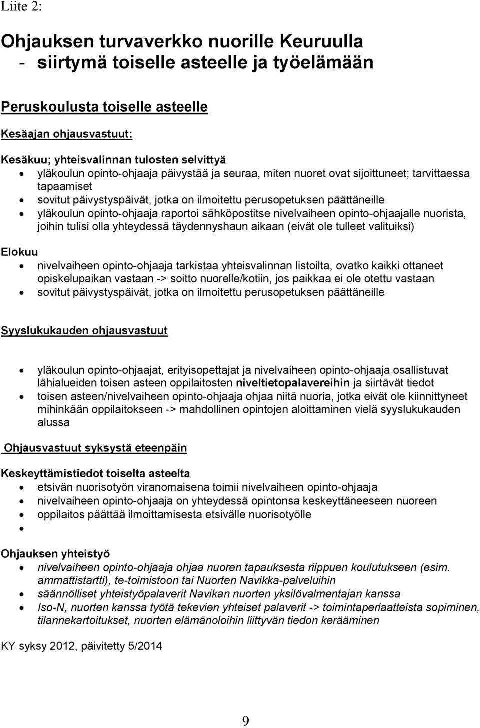 raportoi sähköpostitse nivelvaiheen opinto-ohjaajalle nuorista, joihin tulisi olla yhteydessä täydennyshaun aikaan (eivät ole tulleet valituiksi) Elokuu nivelvaiheen opinto-ohjaaja tarkistaa