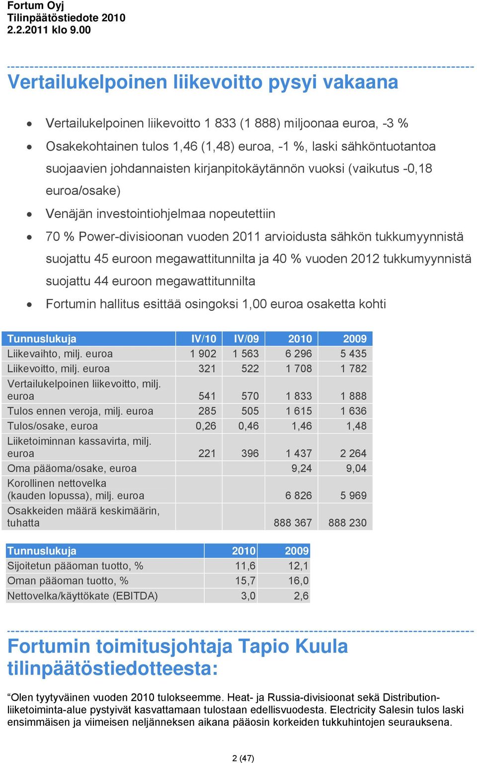 johdannaisten kirjanpitokäytännön vuoksi (vaikutus -0,18 euroa/osake) Venäjän investointiohjelmaa nopeutettiin 70 % Power-divisioonan vuoden 2011 arvioidusta sähkön tukkumyynnistä suojattu 45 euroon