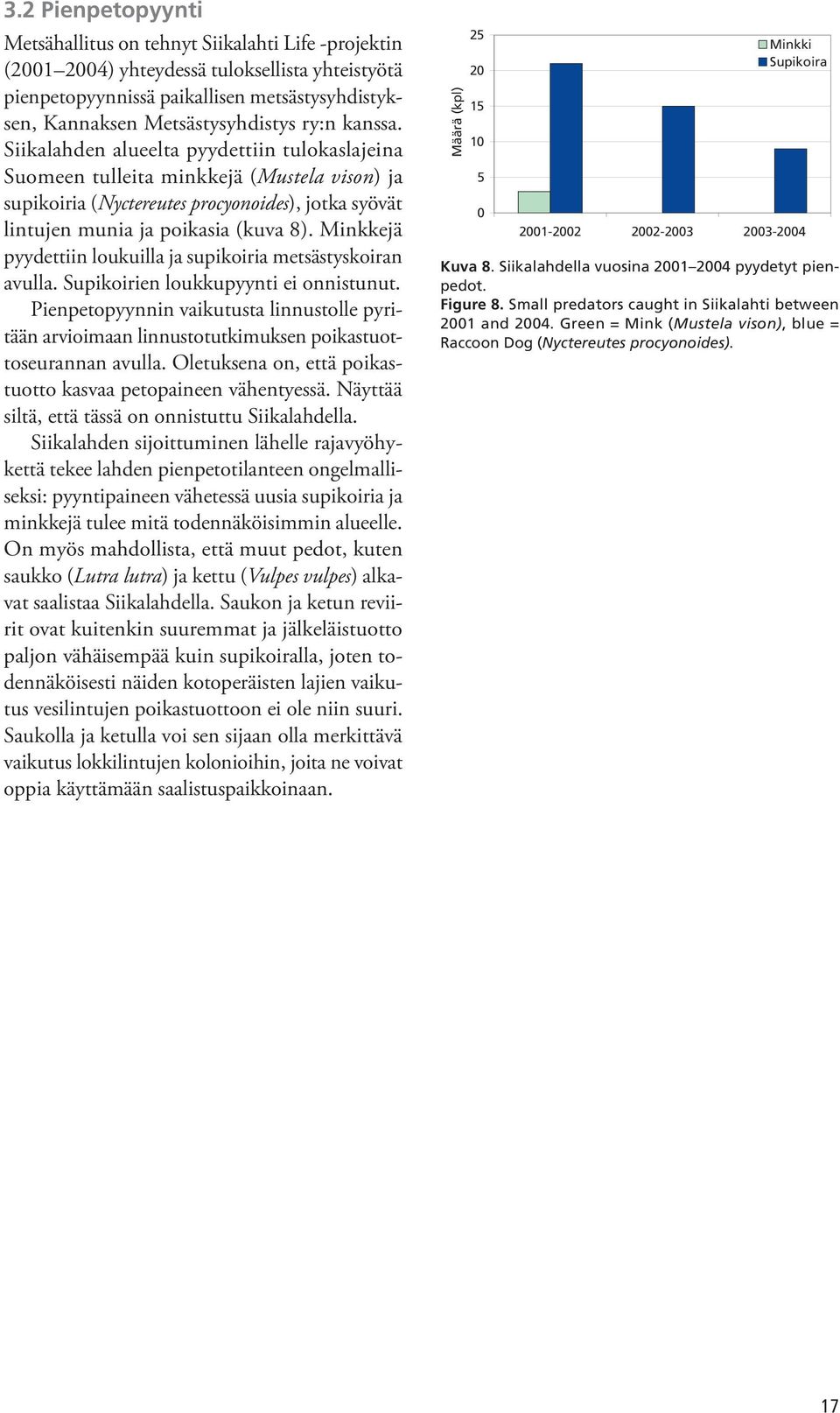 Minkkejä pyydettiin loukuilla ja supikoiria metsästyskoiran avulla. Supikoirien loukkupyynti ei onnistunut.