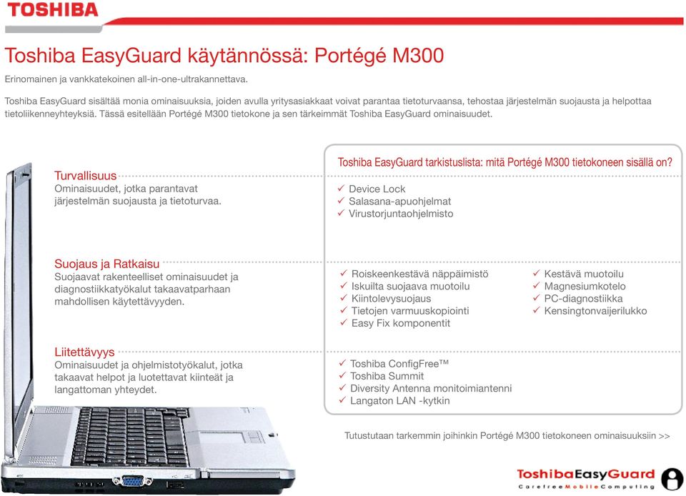 Tässä esitellään Portégé M300 tietokone ja sen tärkeimmät Toshiba EasyGuard ominaisuudet. Turvallisuus Ominaisuudet, jotka parantavat järjestelmän suojausta ja tietoturvaa.