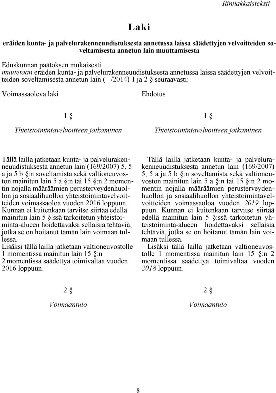 Yhteistoimintavelvoitteen jatkaminen 1 Yhteistoimintavelvoitteen jatkaminen Tällä lailla jatketaan kunta- ja palvelurakenneuudistuksesta annetun lain (169/2007) 5, 5 a ja 5 b :n soveltamista sekä