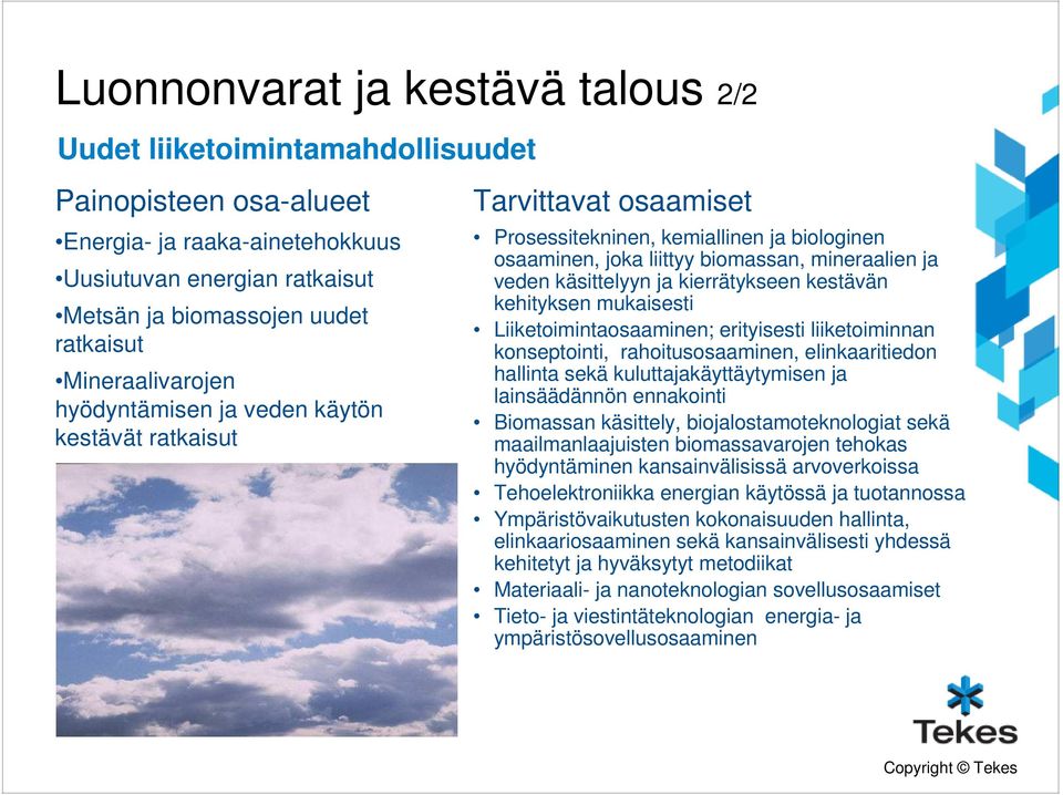 ja kierrätykseen kestävän kehityksen mukaisesti Liiketoimintaosaaminen; erityisesti liiketoiminnan konseptointi, rahoitusosaaminen, elinkaaritiedon hallinta sekä kuluttajakäyttäytymisen ja