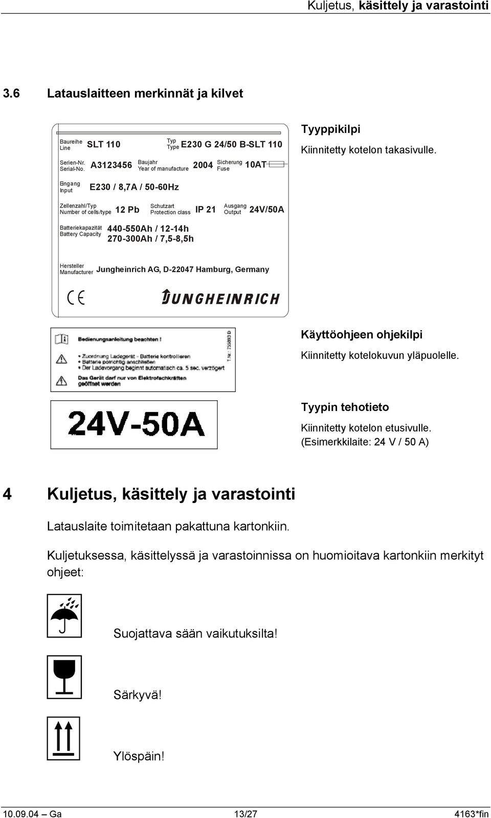 Eingang Input E230 / 8,7A / 50-60Hz Zellenzahl/Typ Number of cells/type Batteriekapazität Battery Capacity Schutzart Protection class Ausgang Output 12 Pb IP 21 24V/50A 440-550Ah / 12-14h 270-300Ah /