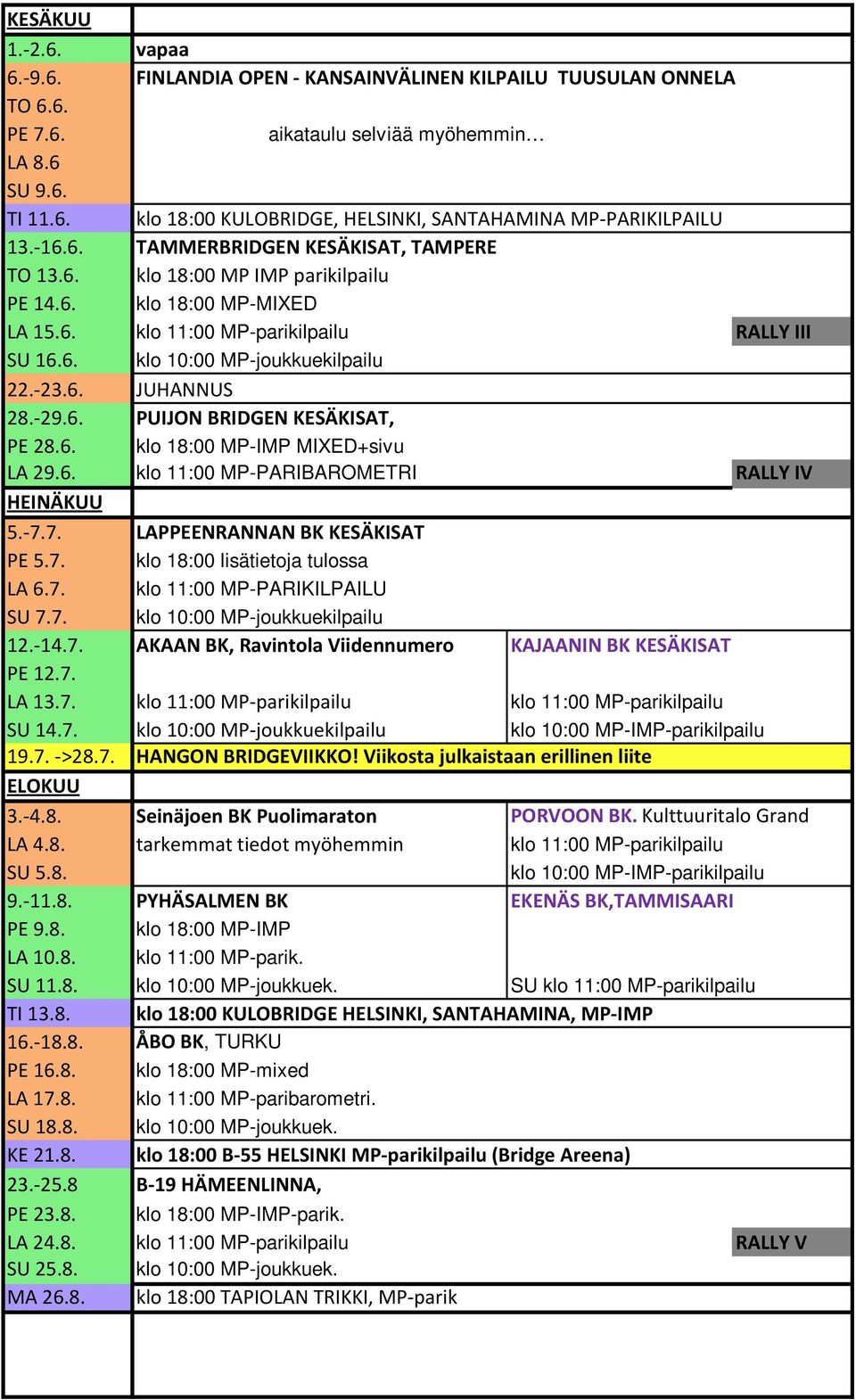 -29.6. PUIJON BRIDGEN KESÄKISAT, PE 28.6. klo 18:00 MP-IMP MIXED+sivu LA 29.6. klo 11:00 MP-PARIBAROMETRI RALLY IV HEINÄKUU 5.-7.7. LAPPEENRANNAN BK KESÄKISAT PE 5.7. klo 18:00 lisätietoja tulossa LA 6.