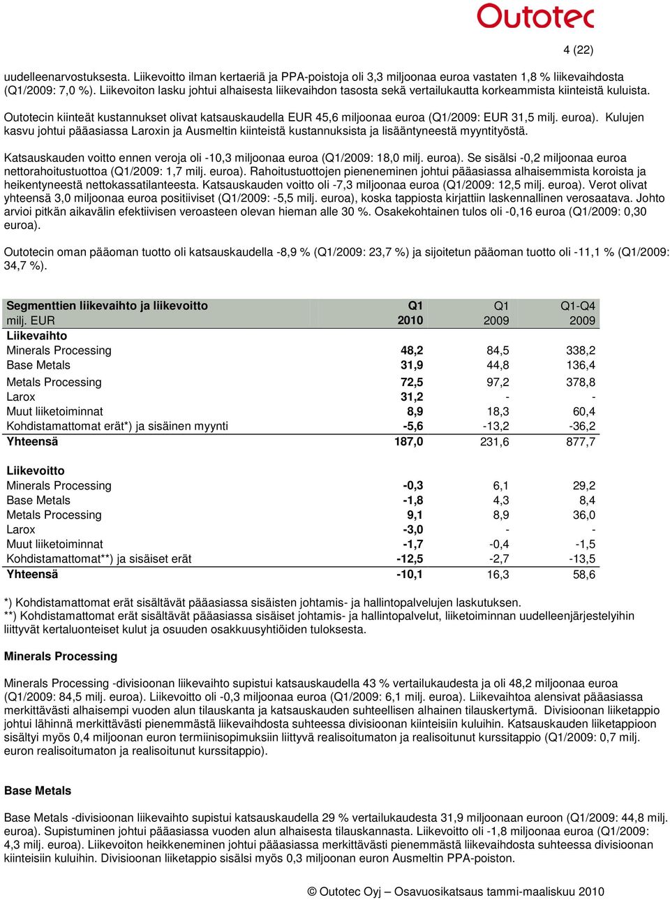 Outotecin kiinteät kustannukset olivat katsauskaudella EUR 45,6 miljoonaa euroa (Q1/2009: EUR 31,5 milj. euroa).