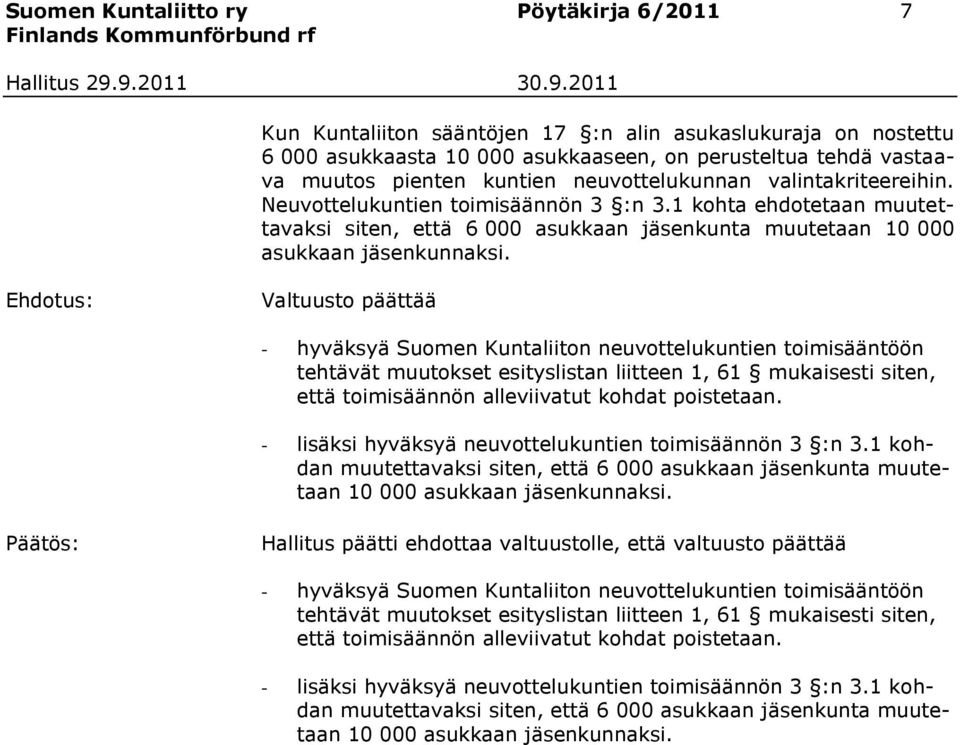 Valtuusto päättää - hyväksyä Suomen Kuntaliiton neuvottelukuntien toimisääntöön tehtävät muutokset esityslistan liitteen 1, 61 mukaisesti siten, että toimisäännön alleviivatut kohdat poistetaan.