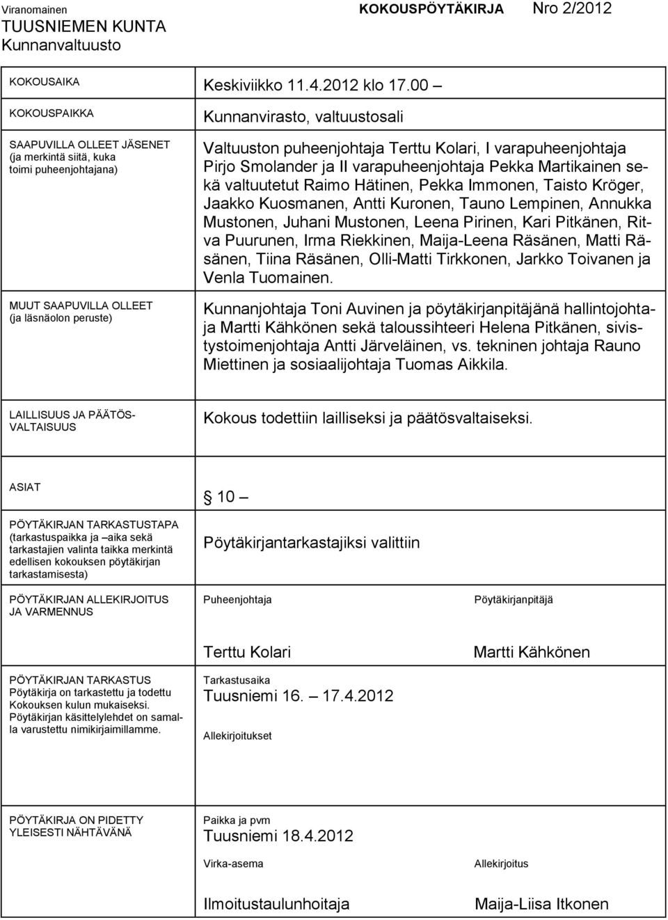 Kolari, I varapuheenjohtaja Pirjo Smolander ja II varapuheenjohtaja Pekka Martikainen sekä valtuutetut Raimo Hätinen, Pekka Immonen, Taisto Kröger, Jaakko Kuosmanen, Antti Kuronen, Tauno Lempinen,