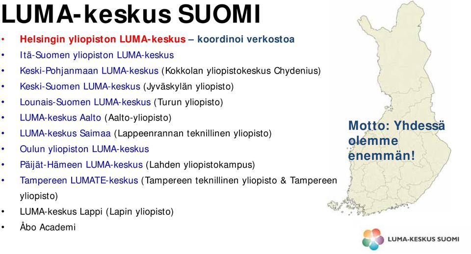 (Aalto-yliopisto) LUMA-keskus Saimaa (Lappeenrannan teknillinen yliopisto) Oulun yliopiston LUMA-keskus Päijät-Hämeen LUMA-keskus (Lahden