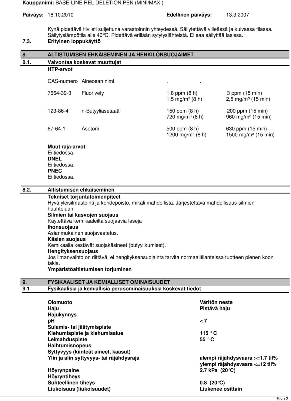 . 7664-39-3 Fluorivety 1,8 ppm (8 h) 3 ppm (15 min) 1,5 mg/m³ (8 h) 2,5 mg/m³ (15 min) 123-86-4 n-butyyliasetaatti 150 ppm (8 h) 200 ppm (15 min) 720 mg/m³ (8 h) 960 mg/m³ (15 min) 67-64-1 Asetoni