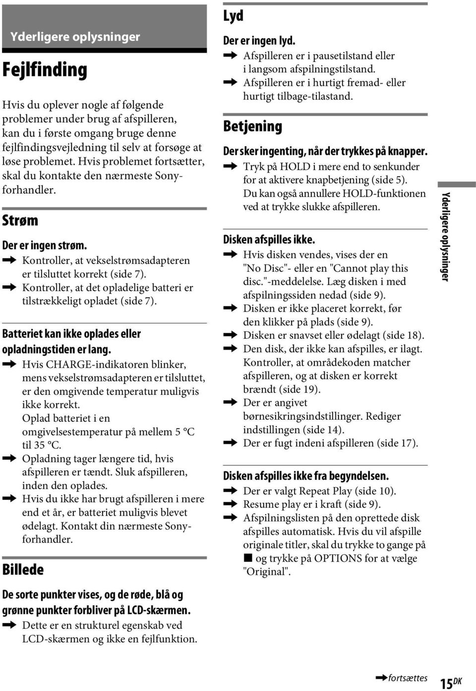 , Kontroller, at det opladelige batteri er tilstrækkeligt opladet (side 7). Batteriet kan ikke oplades eller opladningstiden er lang.