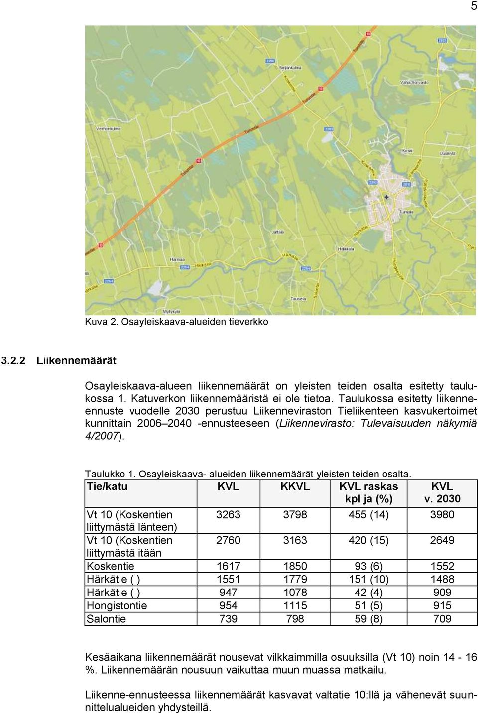 Osayleiskaava- alueiden liikennemäärät yleisten teiden osalta. Tie/katu KVL KKVL KVL raskas kpl ja (%) KVL v.