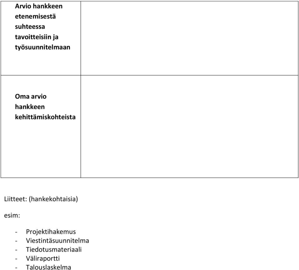 Liitteet: (hankekohtaisia) esim: - Projektihakemus -