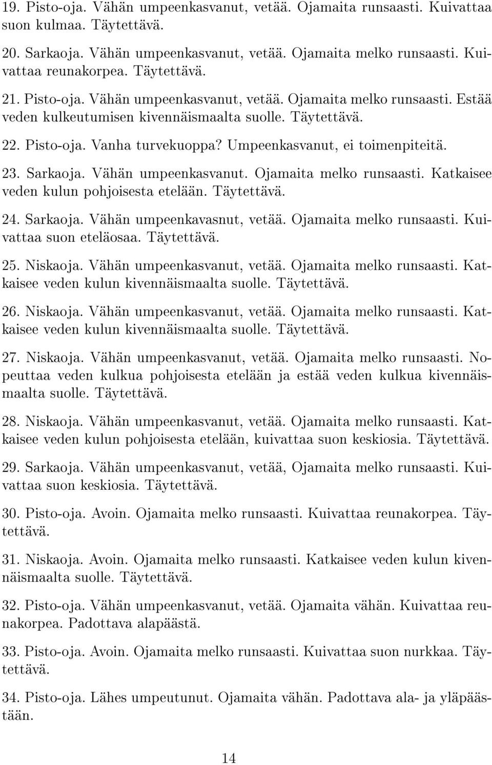 Umpeenkasvanut, ei toimenpiteitä. 23. Sarkaoja. Vähän umpeenkasvanut. Ojamaita melko runsaasti. Katkaisee veden kulun pohjoisesta etelään. Täytettävä. 24. Sarkaoja. Vähän umpeenkavasnut, vetää.