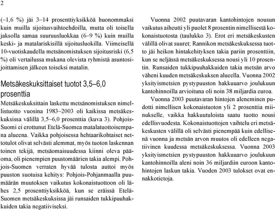 Metsäkeskuksittaiset tuotot 3,5 6,0 prosenttia Metsäkeskuksittain laskettu metsänomistuksen nimellistuotto vuosina 1983 2003 oli kaikissa metsäkeskuksissa välillä 3,5 6,0 prosenttia (kuva 3).