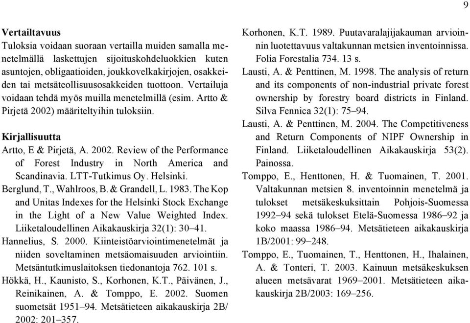 LTT-Tutkimus Oy. Helsinki. Berglund, T., Wahlroos, B. & Grandell, L. 1983. The Kop and Unitas Indexes for the Helsinki Stock Exchange in the Light of a New Value Weighted Index.