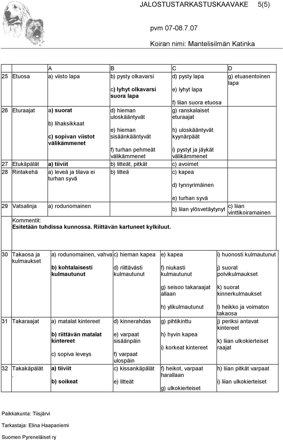 Etukäpälät a) tiiviit b) litteät, pitkät c) avoimet 28 Rintakehä a) leveä ja tilava ei b) litteä c) kapea turhan syvä 29 Vatsalinja a) rodunomainen Esitetään tuhdissa kunnossa.