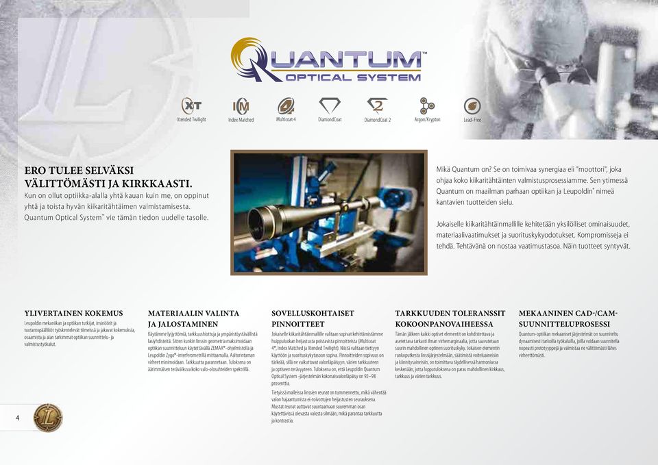 Se on toimivaa synergiaa eli "moottori", joka ohjaa koko kiikaritähtäinten valmistusprosessiamme. Sen ytimessä Quantum on maailman parhaan optiikan ja Leupoldin nimeä kantavien tuotteiden sielu.