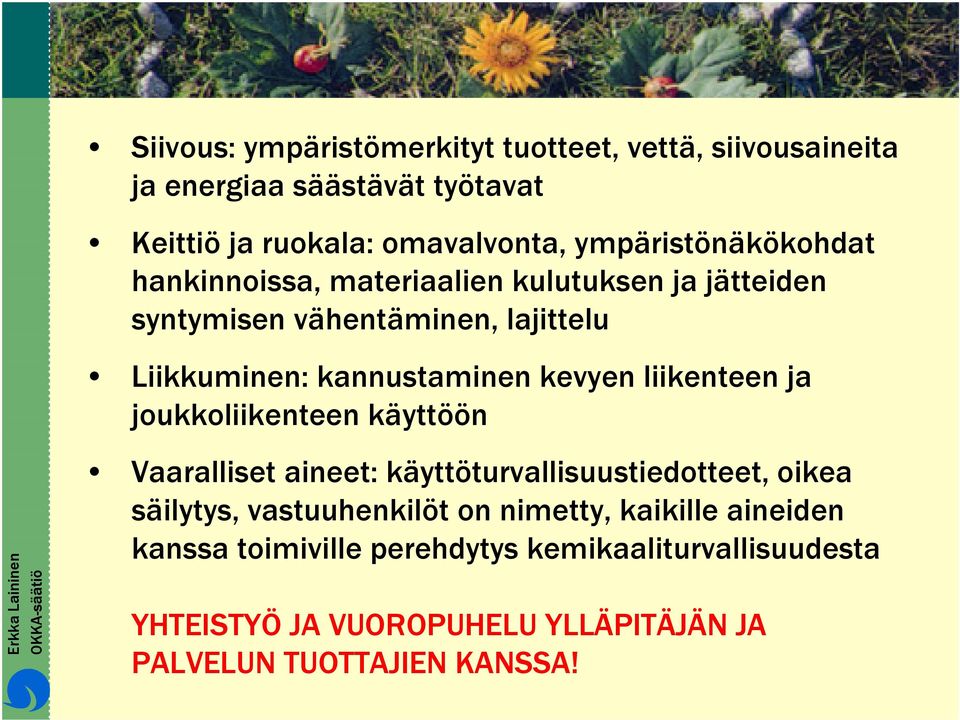 kevyen liikenteen ja joukkoliikenteen käyttöön Vaaralliset aineet: käyttöturvallisuustiedotteet, oikea säilytys, vastuuhenkilöt on