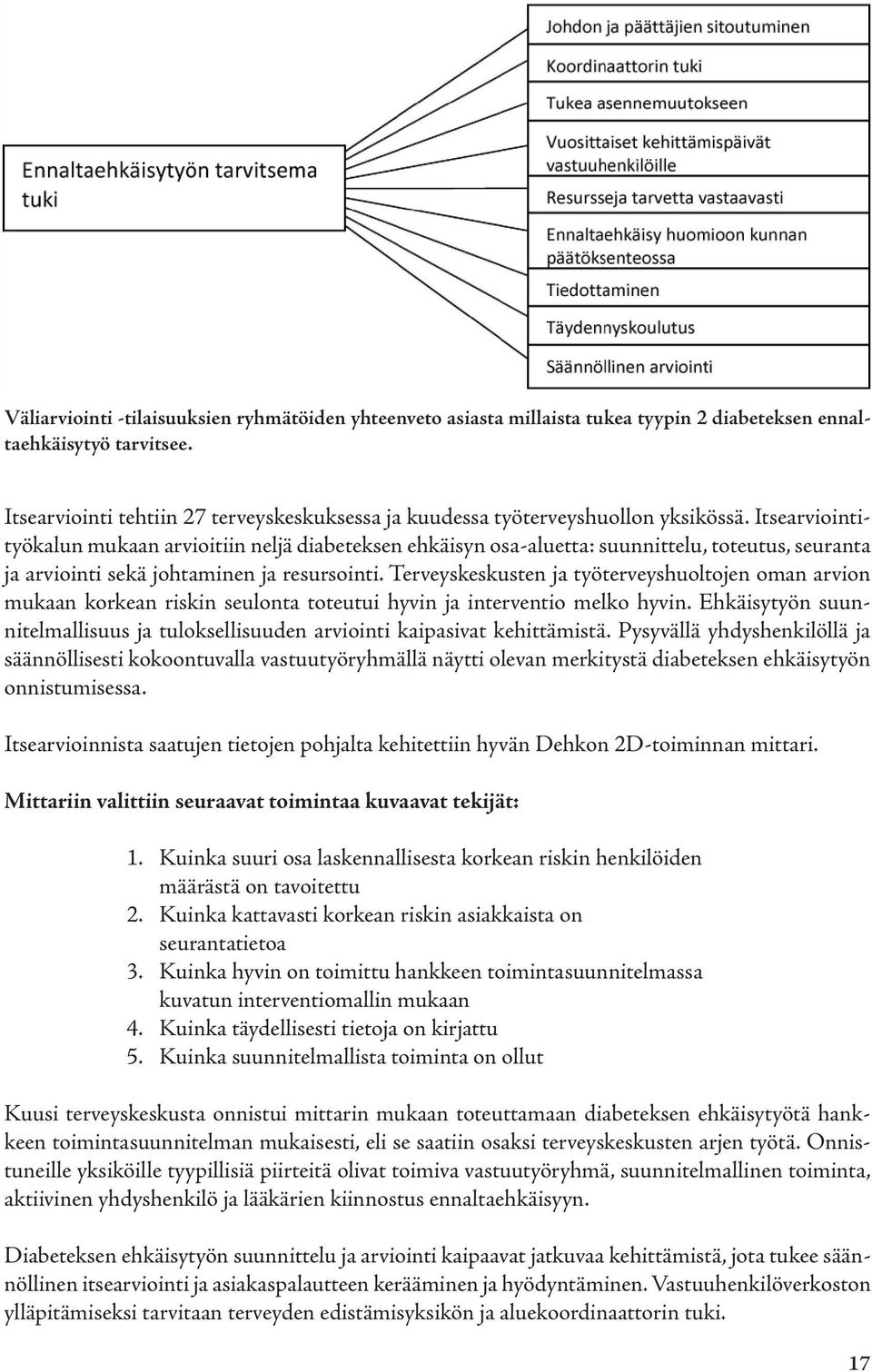 Itsearviointityökalun mukaan arvioitiin neljä diabeteksen ehkäisyn osa-aluetta: suunnittelu, toteutus, seuranta ja arviointi sekä johtaminen ja resursointi.