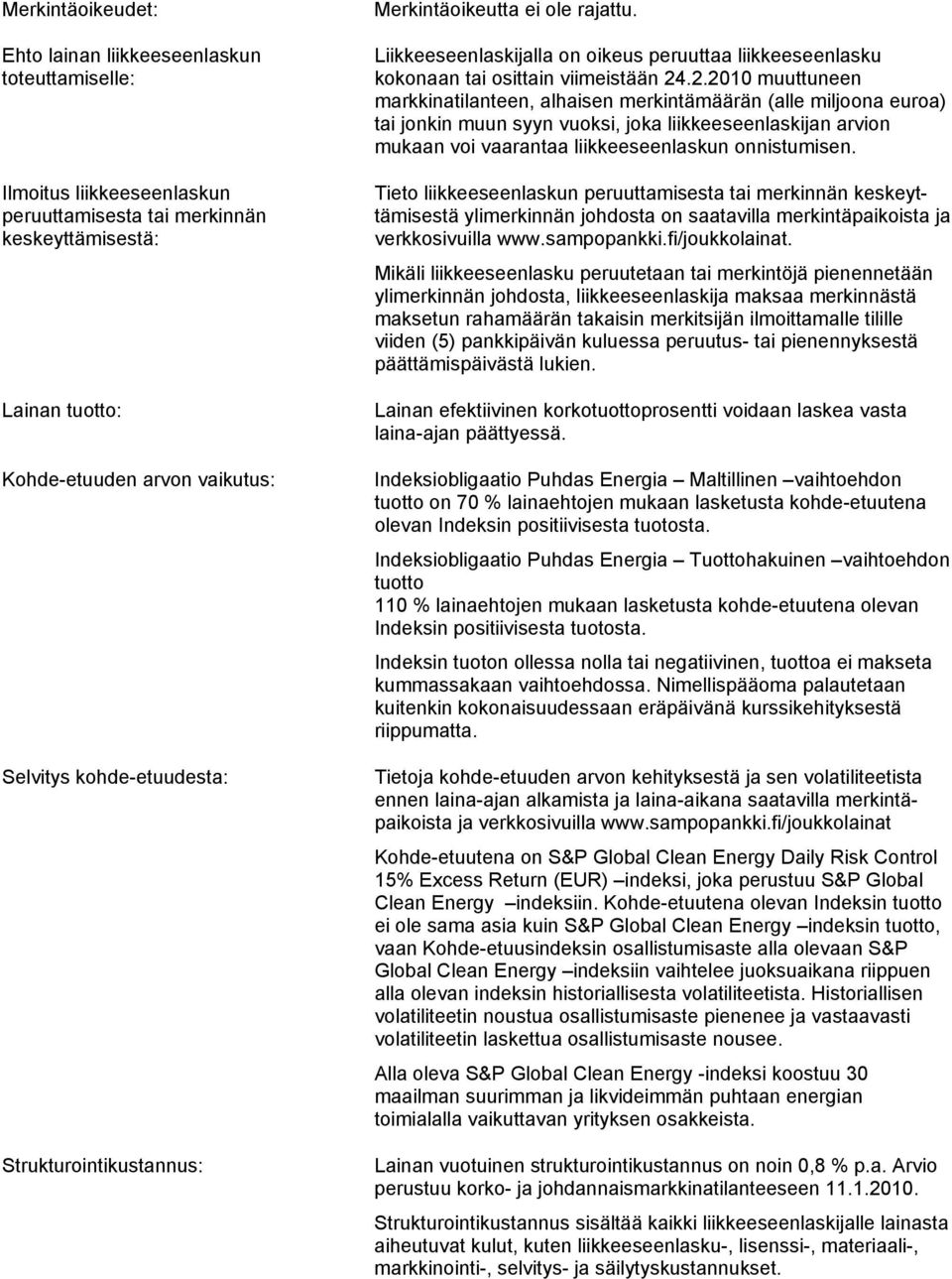 .2.2010 muuttuneen markkinatilanteen, alhaisen merkintämäärän (alle miljoona euroa) tai jonkin muun syyn vuoksi, joka liikkeeseenlaskijan arvion mukaan voi vaarantaa liikkeeseenlaskun onnistumisen.