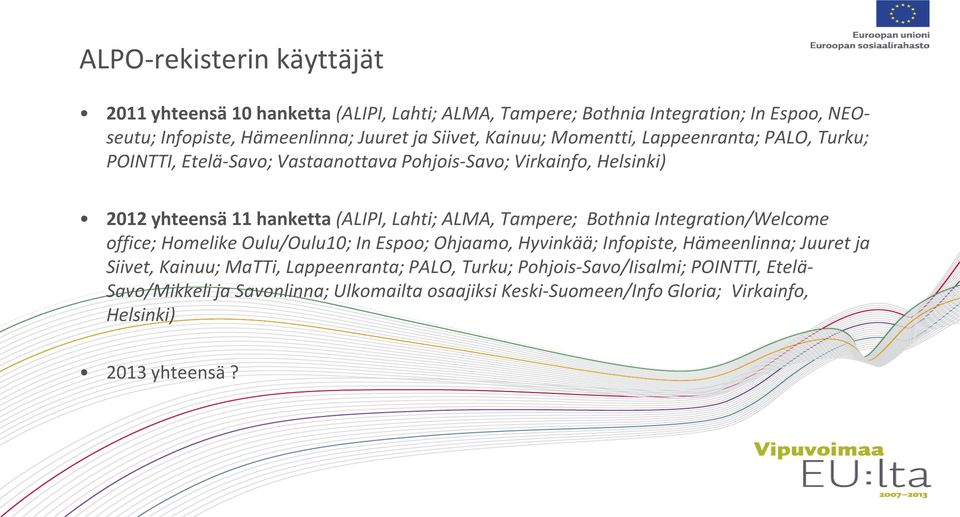 ALMA, Tampere; Bothnia Integration/Welcome office; Homelike Oulu/Oulu10; In Espoo; Ohjaamo, Hyvinkää; Infopiste, Hämeenlinna; Juuret ja Siivet, Kainuu; MaTTi,