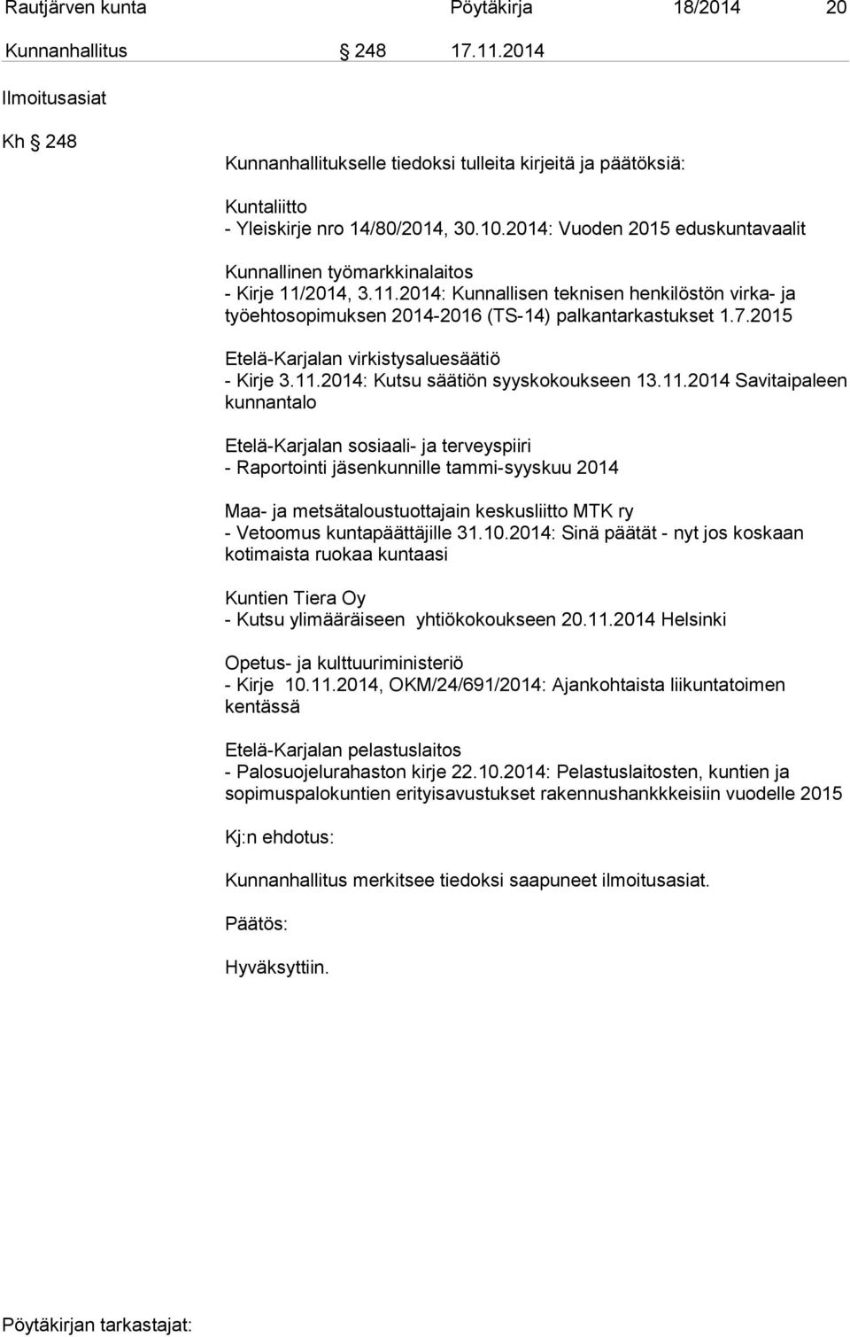 2015 Etelä-Karjalan virkistysaluesäätiö - Kirje 3.11.