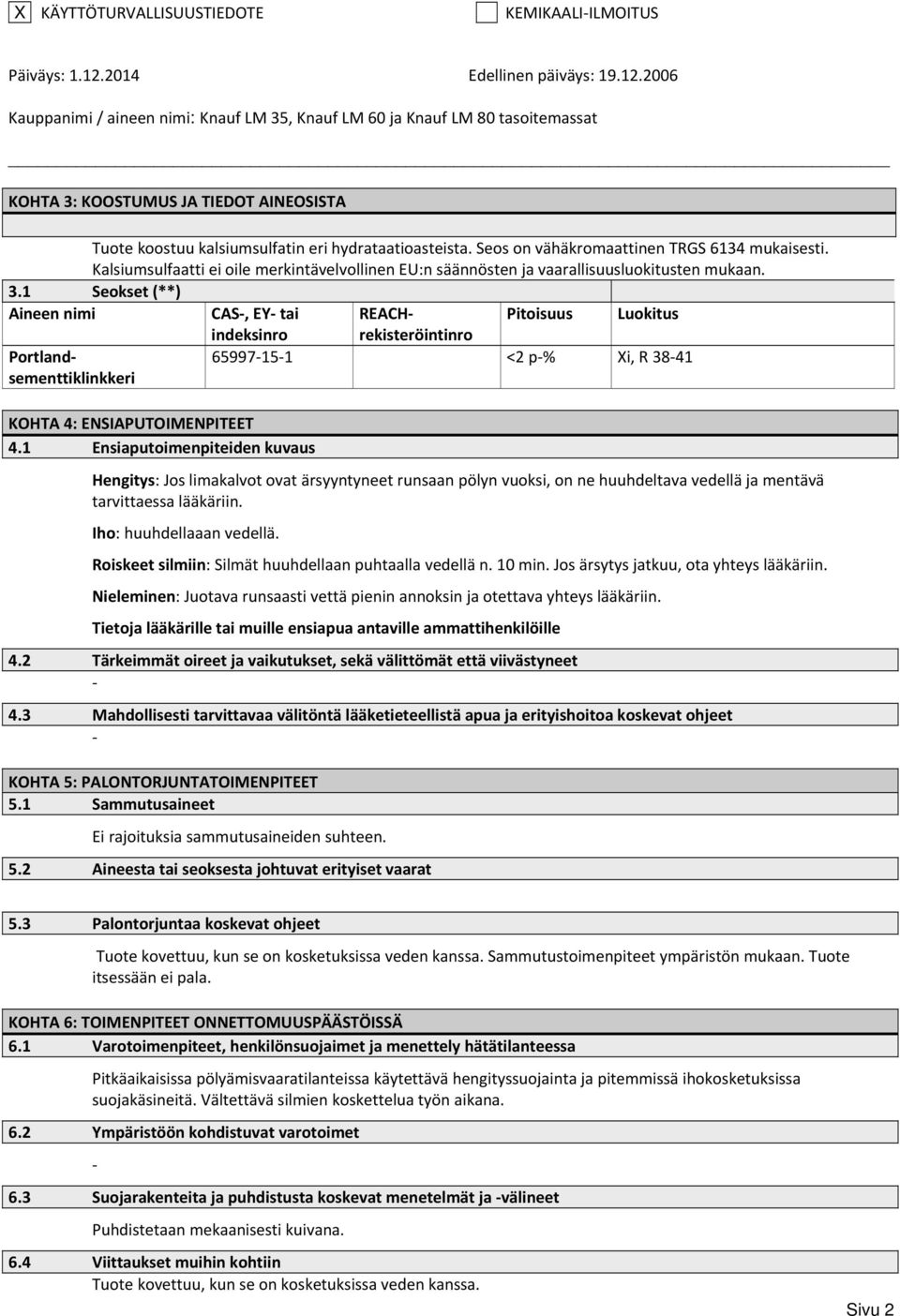 1 Seokset (**) Aineen nimi CAS, EY tai REACHrekisteröintinro Pitoisuus Luokitus indeksinro Portlandsementtiklinkkeri 65997151 <2 p% Xi, R 3841 KOHTA 4: ENSIAPUTOIMENPITEET 4.