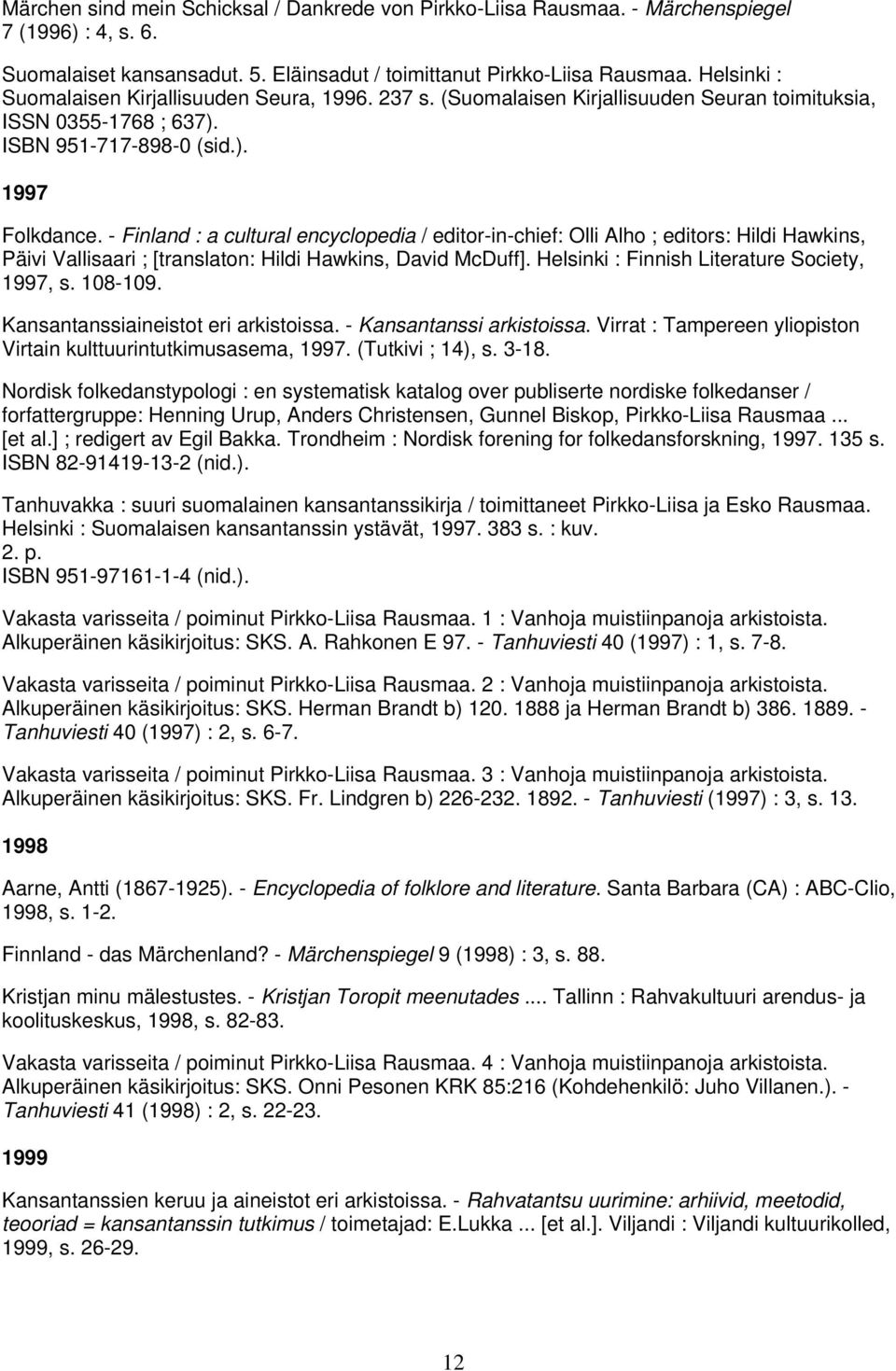 - Finland : a cultural encyclopedia / editor-in-chief: Olli Alho ; editors: Hildi Hawkins, Päivi Vallisaari ; [translaton: Hildi Hawkins, David McDuff]. Helsinki : Finnish Literature Society, 1997, s.