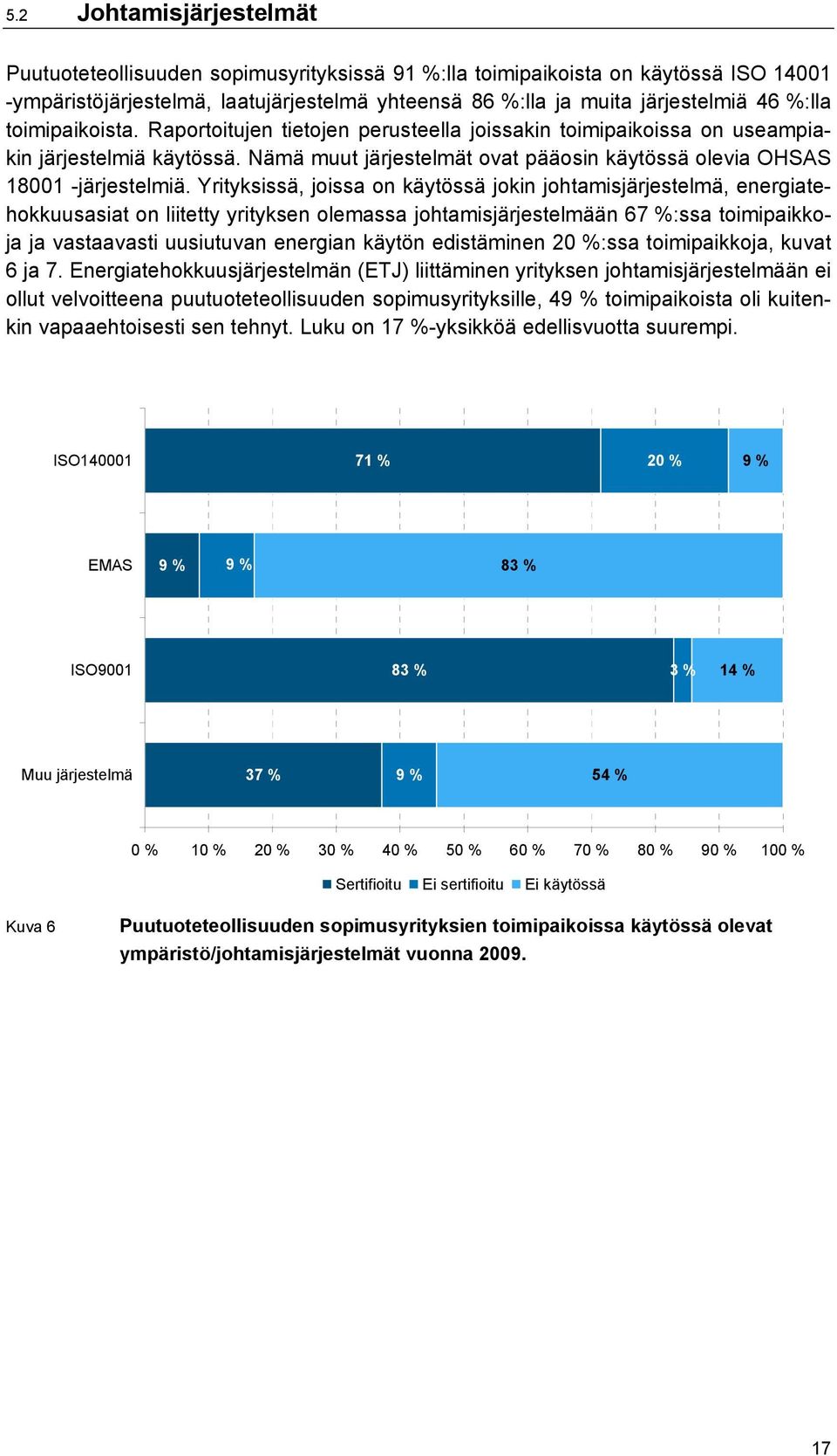 Yrityksissä, joissa on käytössä jokin johtamisjärjestelmä, energiatehokkuusasiat on liitetty yrityksen olemassa johtamisjärjestelmään 67 %:ssa toimipaikkoja ja vastaavasti uusiutuvan energian käytön