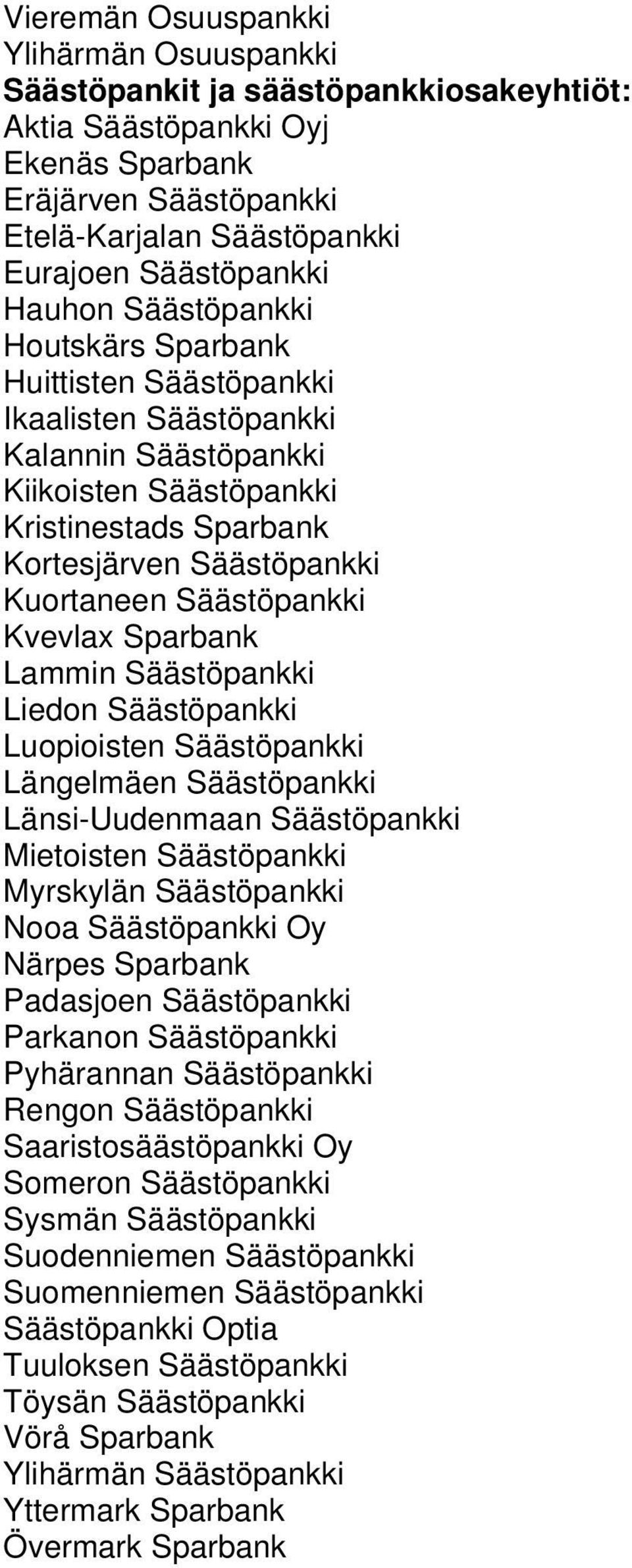 Säästöpankki Kvevlax Sparbank Lammin Säästöpankki Liedon Säästöpankki Luopioisten Säästöpankki Längelmäen Säästöpankki Länsi-Uudenmaan Säästöpankki Mietoisten Säästöpankki Myrskylän Säästöpankki Nooa