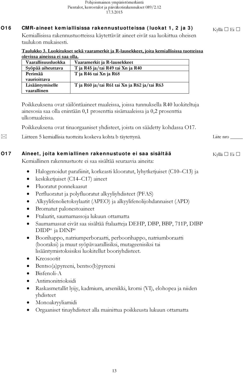 Vaarallisuusluokka Vaaramerkit ja R-lausekkeet Syöpää aiheuttava T ja R45 ja/tai R49 tai Xn ja R40 Perimää T ja R46 tai Xn ja R68 vaurioittava Lisääntymiselle T ja R60 ja/tai R61 tai Xn ja R62 ja/tai