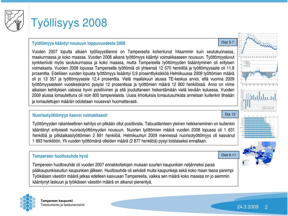 Tampereella kohentunut hitaammin kuin seutukunnassa, maakunnassa ja koko maassa. Vuoden 2008 aikana työttömyys kääntyi voimakkaaseen nousuun.