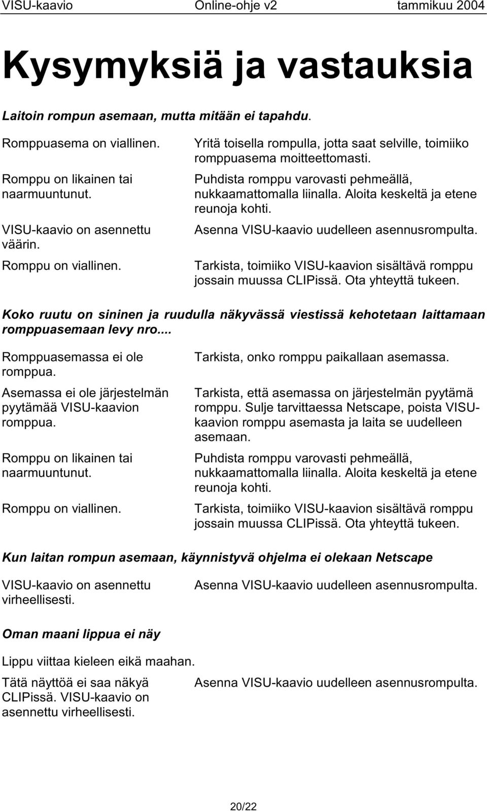 Asenna VISU-kaavio uudelleen asennusrompulta. Tarkista, toimiiko VISU-kaavion sisältävä romppu jossain muussa CLIPissä. Ota yhteyttä tukeen.