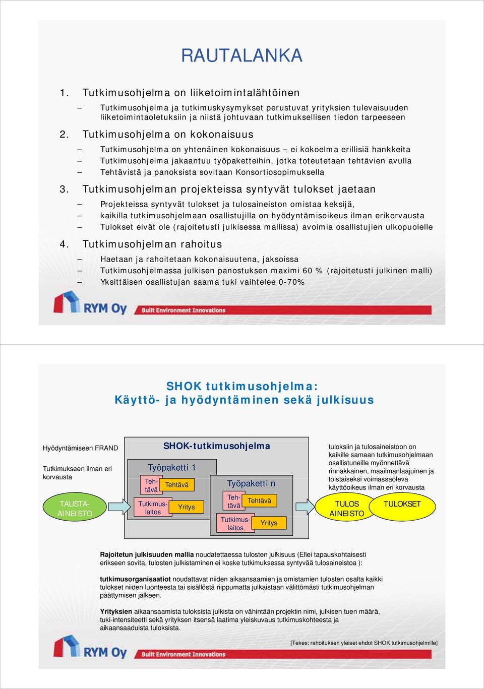 Tutkimusohjelma on kokonaisuus Tutkimusohjelma on yhtenäinen kokonaisuus ei kokoelma erillisiä hankkeita Tutkimusohjelma jakaantuu työpaketteihin, jotka toteutetaan tehtävien avulla Tehtävistä ja