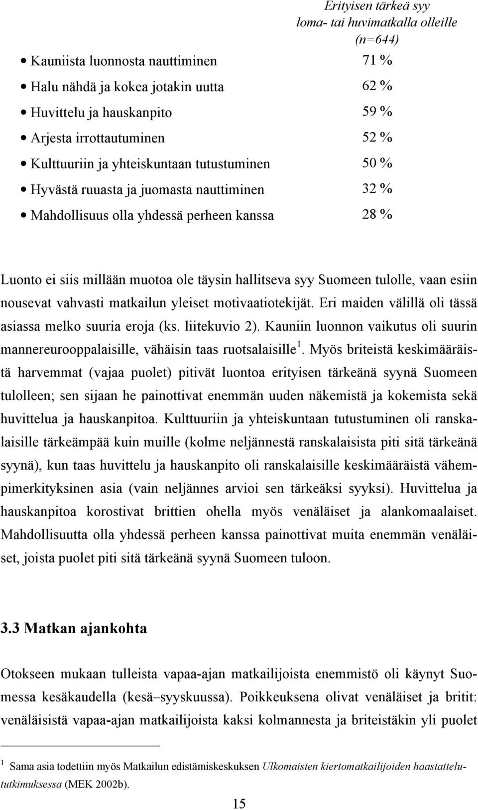 esiin nousevat vahvasti matkailun yleiset motivaatiotekijät. Eri maiden välillä oli tässä asiassa melko suuria eroja (ks. liitekuvio 2).