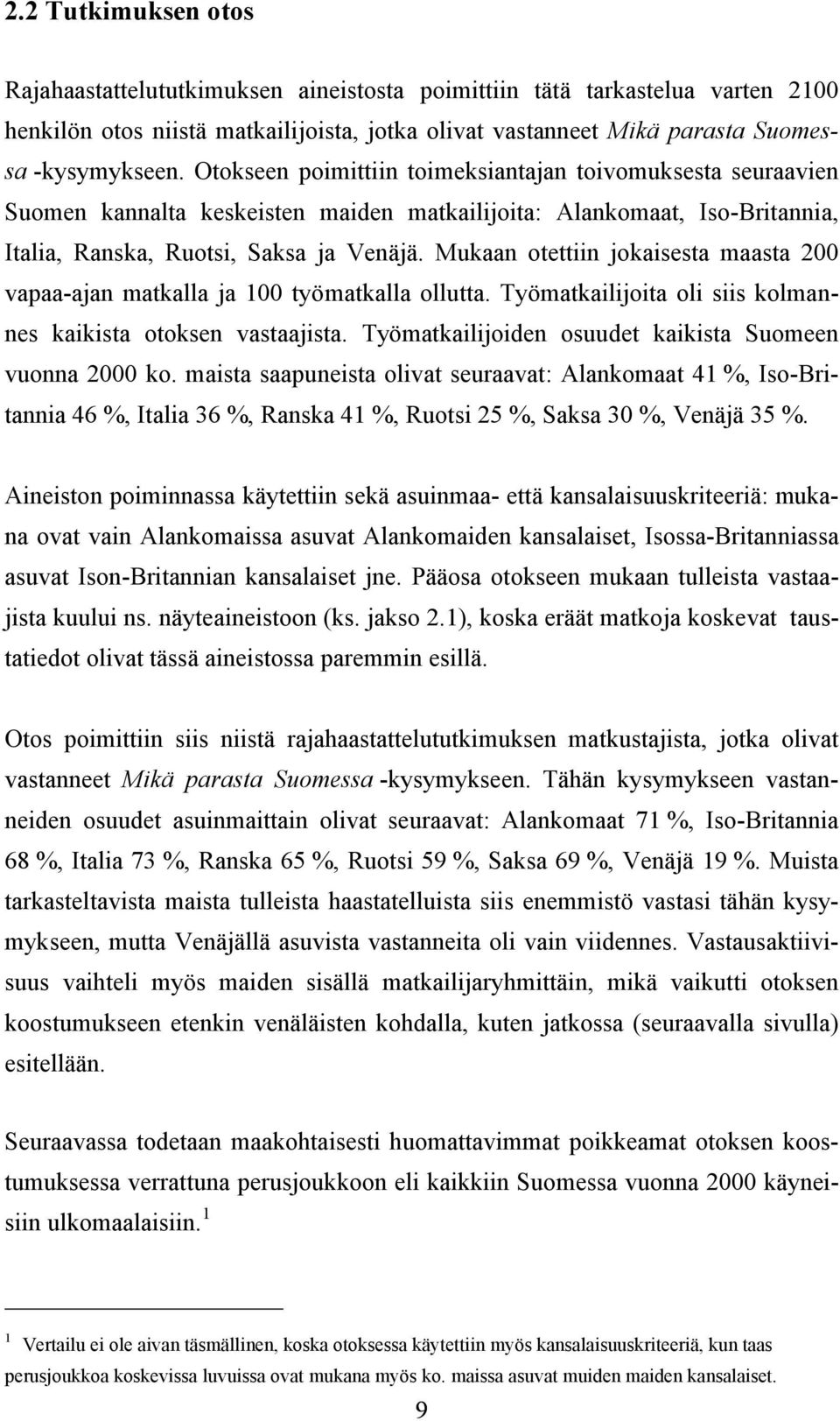 Mukaan otettiin jokaisesta maasta 2 vapaa-ajan matkalla ja työmatkalla ollutta. Työmatkailijoita oli siis kolmannes kaikista otoksen vastaajista.