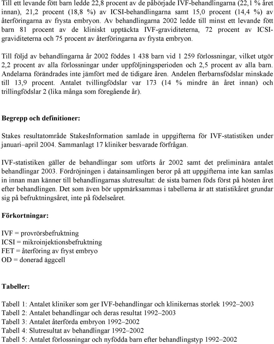 Av behandlingarna 2002 ledde till minst ett levande fött barn 81 procent av de kliniskt upptäckta IVF-graviditeterna, 72 procent av ICSIgraviditeterna och 75 procent av återföringarna av  Till följd