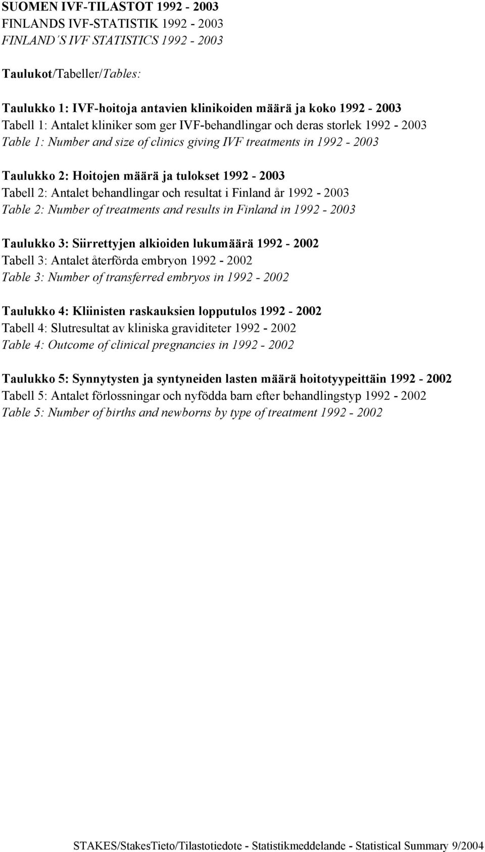 2: Antalet behandlingar och resultat i Finland år 1992-2003 Table 2: Number of treatments and results in Finland in 1992-2003 Taulukko 3: Siirrettyjen alkioiden lukumäärä 1992-2002 Tabell 3: Antalet