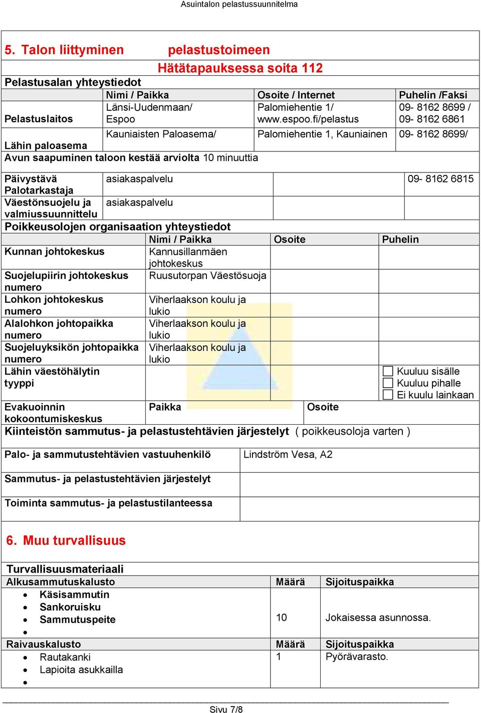 fi/pelastus 09-8162 6861 Kauniaisten Paloasema/ Palomiehentie 1, Kauniainen 09-8162 8699/ Lähin paloasema Avun saapuminen taloon kestää arviolta 10 minuuttia Päivystävä asiakaspalvelu 09-8162 6815