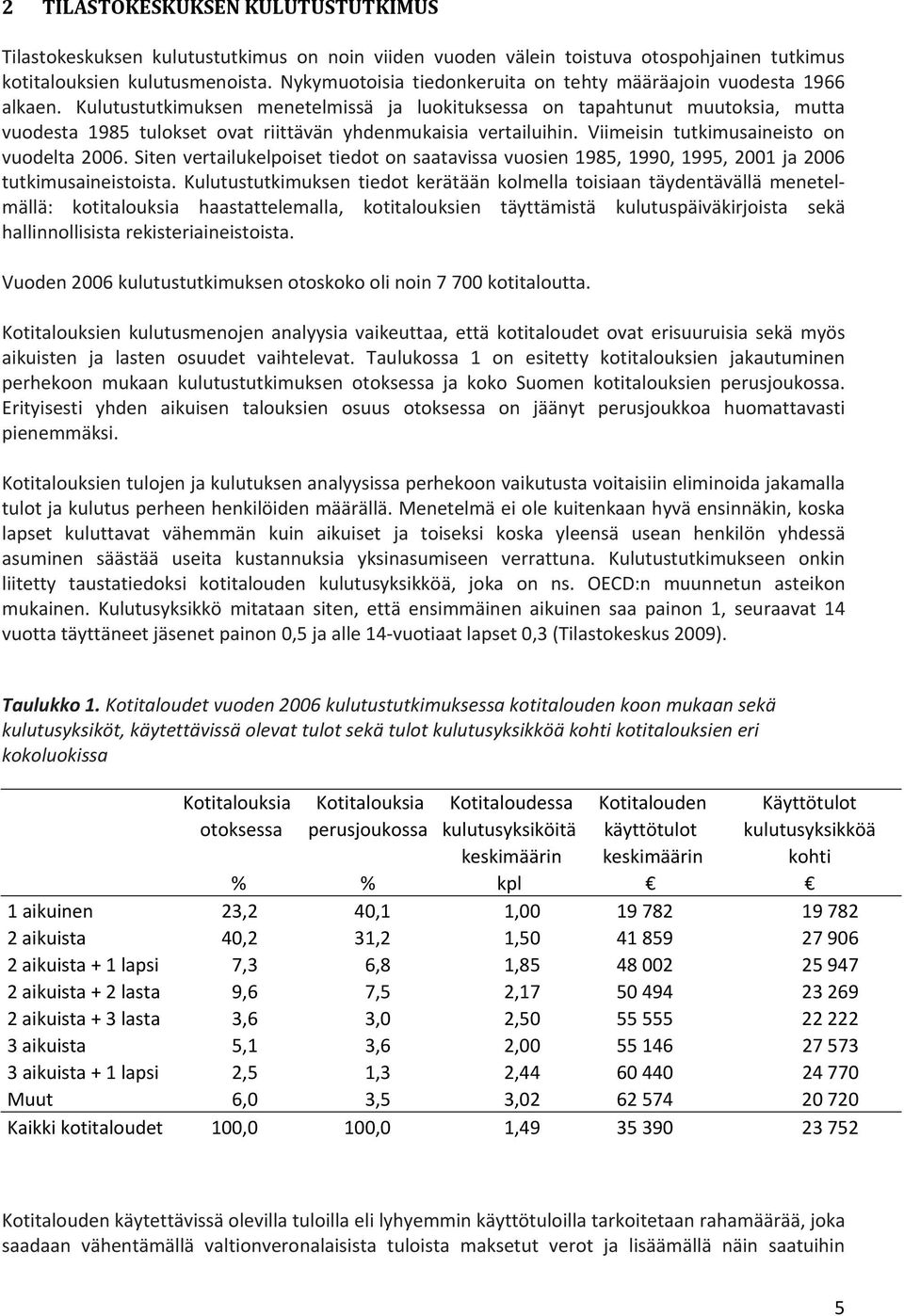 Kulutustutkimuksen menetelmissä ja luokituksessa on tapahtunut muutoksia, mutta vuodesta 1985 tulokset ovat riittävän yhdenmukaisia vertailuihin. Viimeisin tutkimusaineisto on vuodelta 2006.