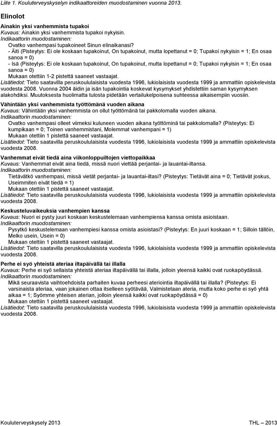 - Äiti (Pisteytys: Ei ole koskaan tupakoinut, On tupakoinut, mutta lopettanut = 0; Tupakoi nykyisin = 1; En osaa sanoa = 0) - Isä (Pisteytys: Ei ole koskaan tupakoinut, On tupakoinut, mutta