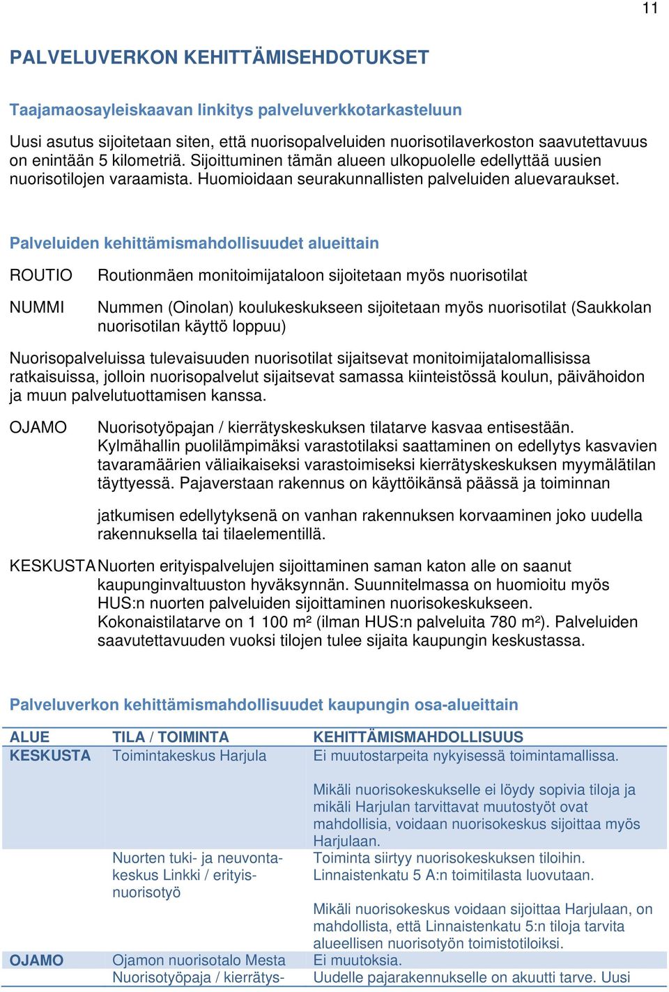 Palveluiden kehittämismahdollisuudet alueittain ROUTIO NUMMI Routionmäen monitoimijataloon sijoitetaan myös nuorisotilat Nummen (Oinolan) koulukeskukseen sijoitetaan myös nuorisotilat (Saukkolan