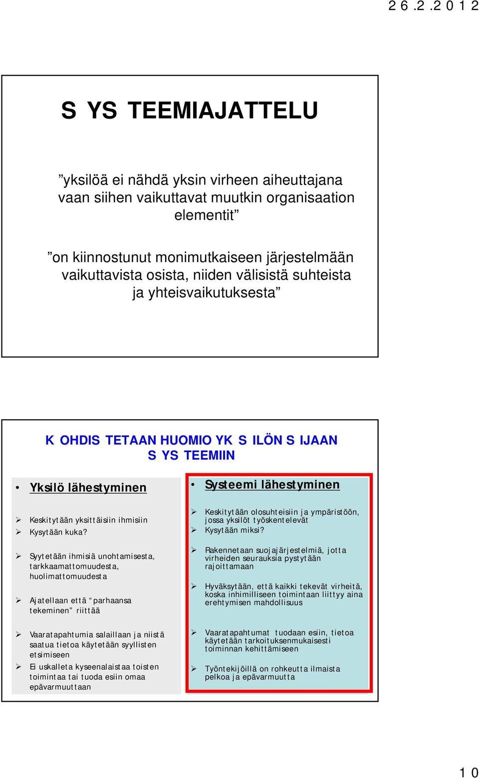 Syytetään ihmisiä unohtamisesta, tarkkaamattomuudesta, huolimattomuudesta Ajatellaan että parhaansa tekeminen riittää Vaaratapahtumia salaillaan ja niistä saatua tietoa käytetään syyllisten