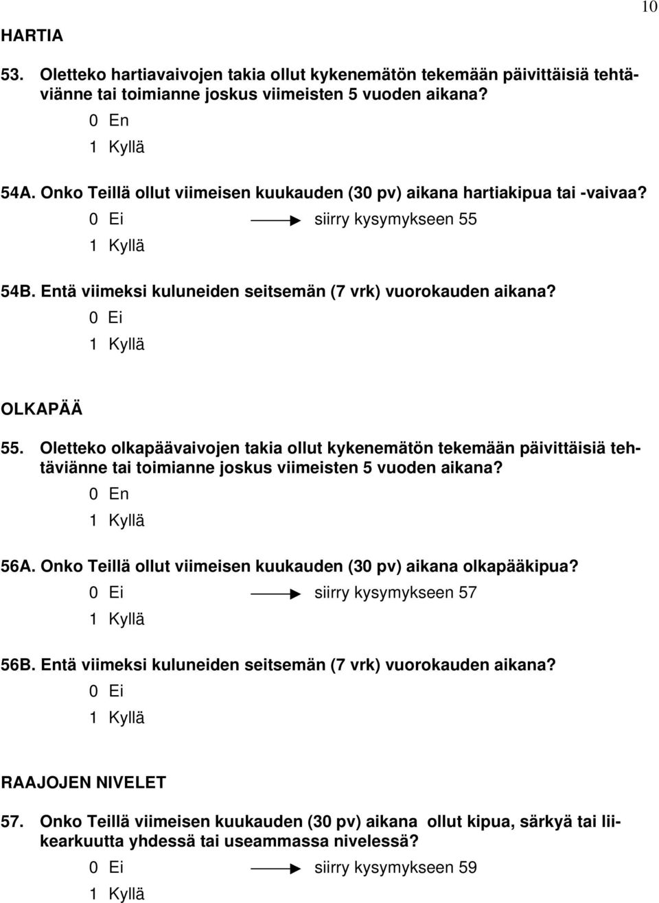 Oletteko olkapäävaivojen takia ollut kykenemätön tekemään päivittäisiä tehtäviänne tai toimianne joskus viimeisten 5 vuoden aikana? 0 En 56A.