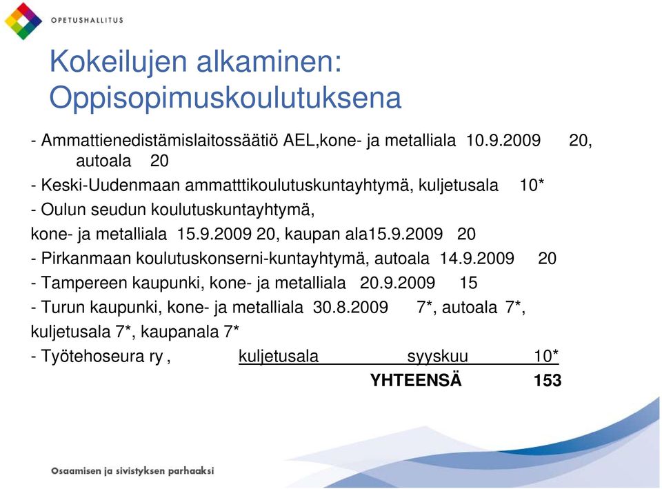 metalliala 15.9.2009 20, kaupan ala15.9.2009 20 - Pirkanmaan koulutuskonserni-kuntayhtymä, autoala 14.9.2009 20 - Tampereen kaupunki, kone- ja metalliala 20.