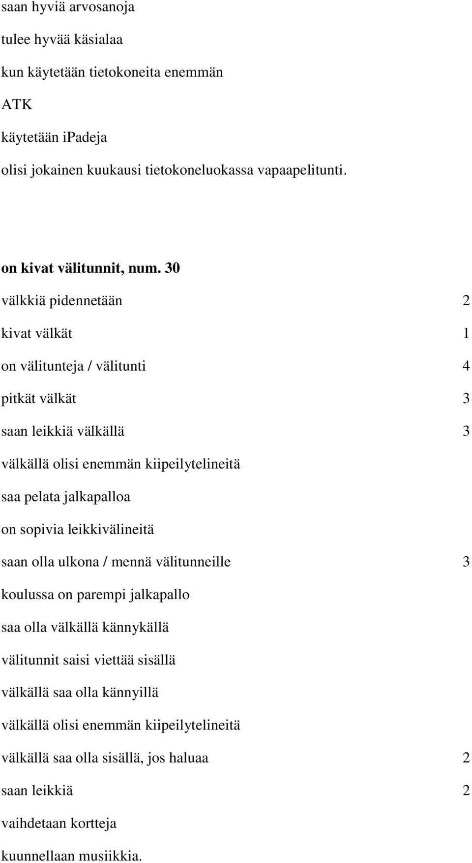 30 välkkiä pidennetään 2 kivat välkät 1 on välitunteja / välitunti 4 pitkät välkät 3 saan leikkiä välkällä 3 välkällä olisi enemmän kiipeilytelineitä saa pelata